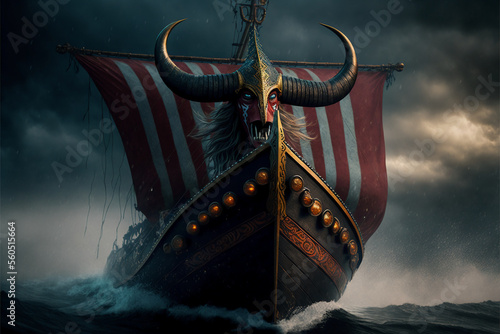 Viking Drakkar sails to war. AI generation photo