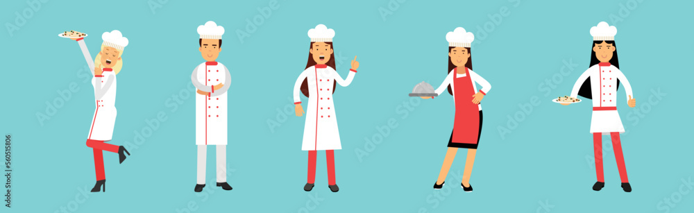 Man and Woman Professional Chefs Cooking Dish and Working In Restaurant Vector Set Man and Woman Professional Chefs Cooking Dish and Working In Restaurant Vector Set