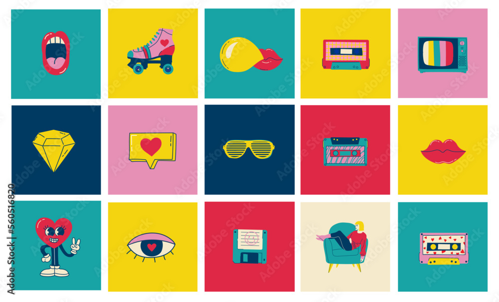 Set of patches for Valentine's day isolated on the background. Fun badges in retro style. Vector pictures of hearts, lips, gifts and other Set of patches for Valentine's day isolated on the background. Fun badges in retro style. Vector pictures of hearts, lips, gifts and other