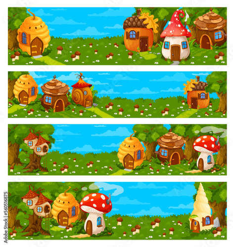 Game level landscape cartoon fairy houses and dwellings. Game level environment vector backgrounds with fairy creature hive  mushroom and snail shell dwellings  hobbit forest house or huts
