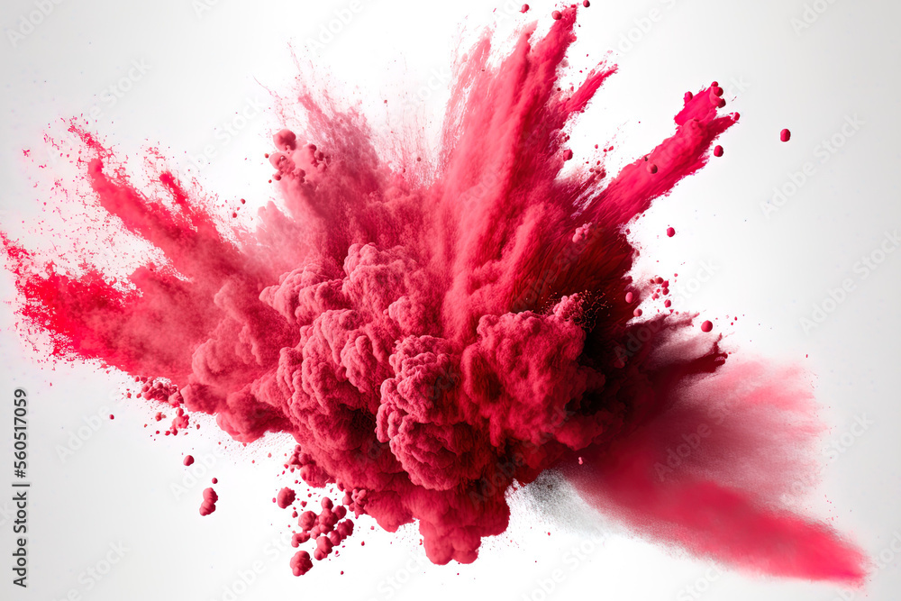 Red powder explosion against a white background, isolated. Generative AI