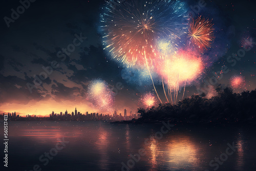 In celebration of the new year, fireworks light up the sky. Generative AI