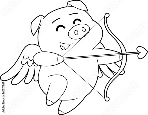 Outlined Cute Pig Cupid Cartoon Character With Bow And Arrow Flying. Vector Hand Drawn Illustration Isolated On Transparent Background