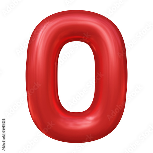 Red number 0 isolated on white background in 3d rendering. Balloon glossy numbers for math, business and education.