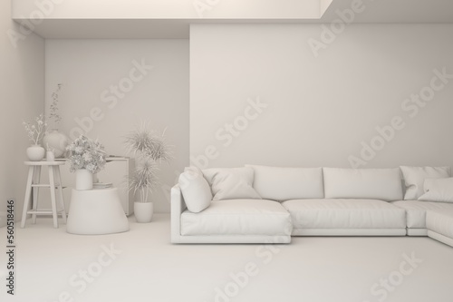 White minimalist living room with sofa. Scandinavian interior design. 3D illustration