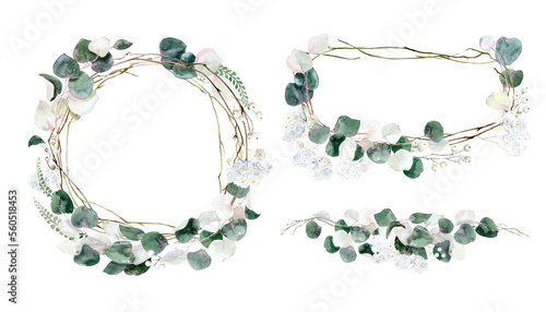 Watercolor bouquets and wreaths of eucalyptus leaves and branches. Eucalyptus leaves. Exotic wreaths. Golden noble eucalyptus. For wedding decoration, cards, scrapbooking