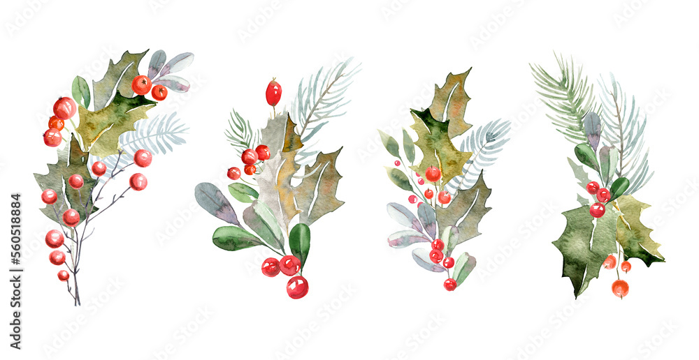 Watercolor festive wreaths and bouquets of green holly leaves and red berries. Festive decoration for postcards and invitations. Green wreaths and bouquets of foliage and branches