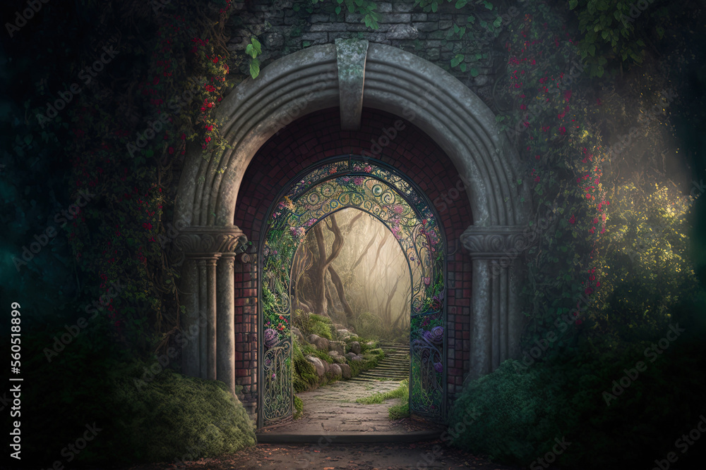Background image of an archway in an enchanted fairy garden. Generative AI