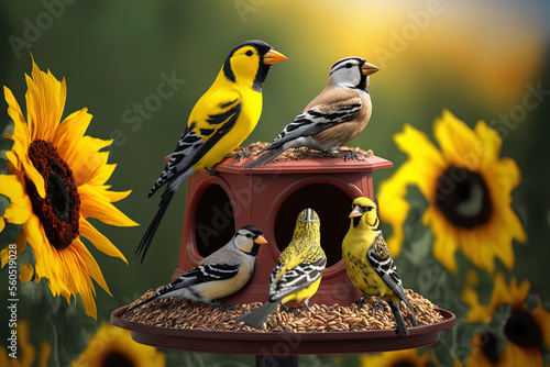 Group of little birds perching on a bird feeder with sunflower seeds. Generative AI