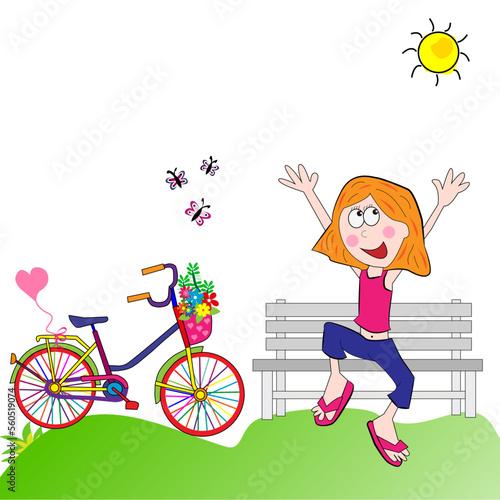 Paisaje de campo con niña feliz saltando y bicicleta.