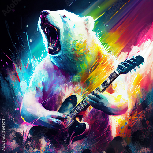 Polar bear playing guitar on rock concert. Generative AI.