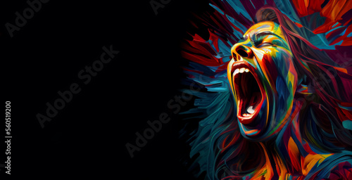 Woman screaming or singing. Generative AI.