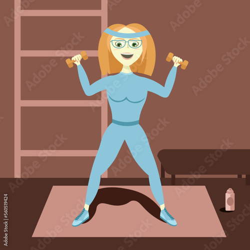 a girl does exercises with dumbbells