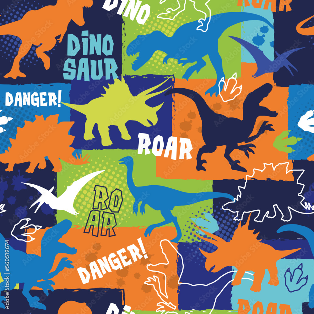 seamless pattern with bright dinosaurs, dinosaur silhouette background, dino pattern