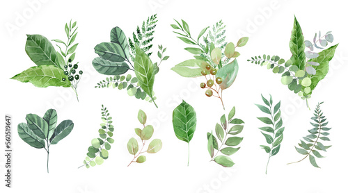Watercolor wreaths and frames of green leaves and foliage. Green bouquets. Green foliage. Foliage and gold foil frames. Geometric wreaths. For cards, wedding invitations, scrapbooking