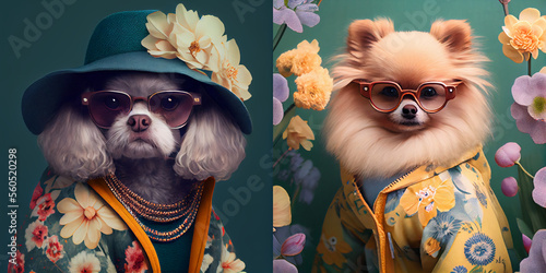 Cute dogs wearing in a hats. Background with flowers. Dog in a fashion glasses, collection photo