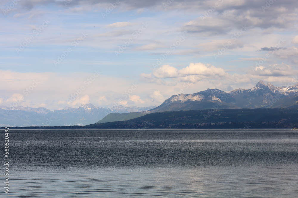 View on the lake Geneva which is a deep lake on the north side of the Alps, shared between Switzerland and France.
