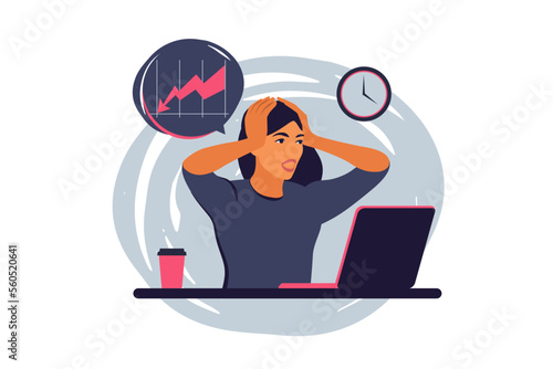 Exhausted office worker woman tired of the huge amount of work. Deadline, stress, depression at work. Workplace burnout concept. Vector illustration.