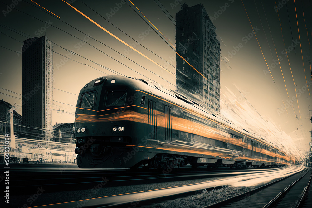 Naklejka premium in the city, in front of a speeding train. Generative AI