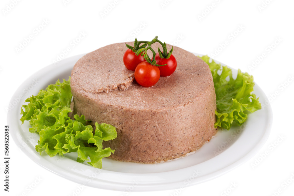 Savory meat pate served on a plate with vegetables Savory meat pate served on a plate with vegetables