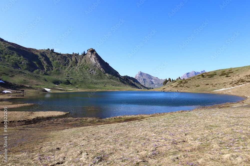 View on the Roy Lake in Haute-Savoie, it is located 2 km west of le Praz de Lys