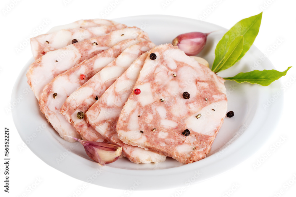 Canned lard with meat with pepper and garlic sliced on a plate Canned lard with meat with pepper and garlic sliced on a plate