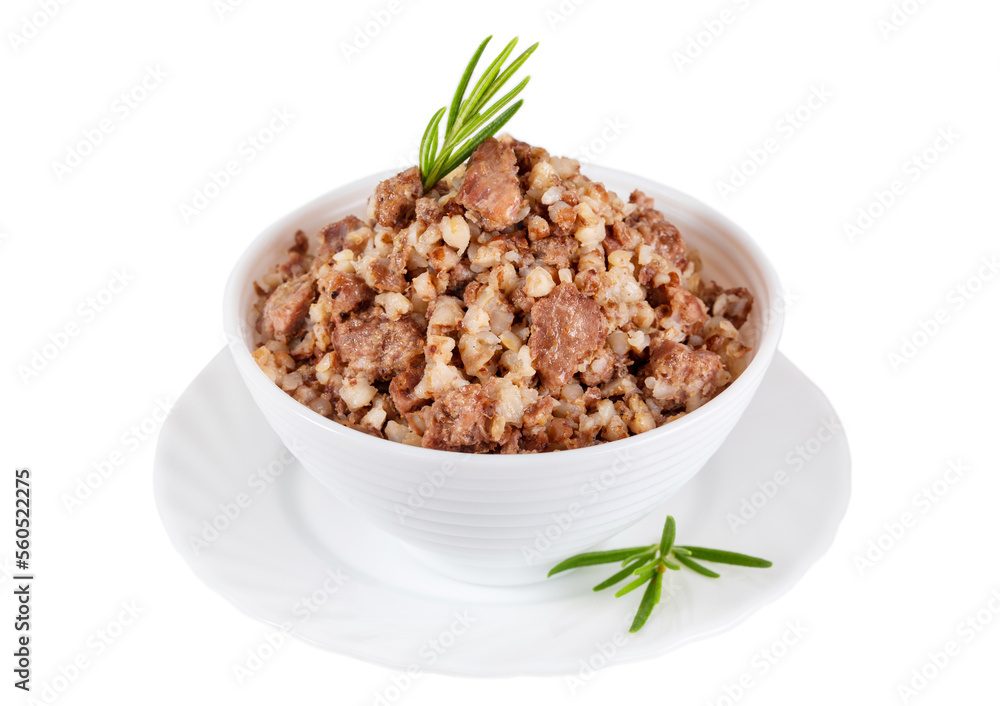 Buckwheat porridge with meat and rosemary in a bowl Buckwheat porridge with meat and rosemary in a bowl