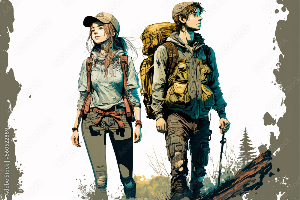 illustration of a young couple, how the two go hiking in the forest in nature. Generative AI