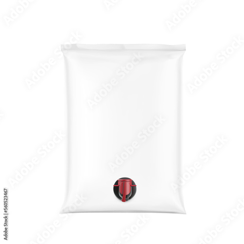 Large plastic liquid bag with a spout tap. Realistic vector mockup. Front view. Perfect for the presentation your product. EPS10.	