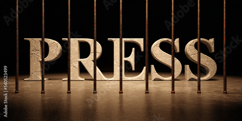 Press text word message from behind bars in prison 3D render, censored free speech concept	
