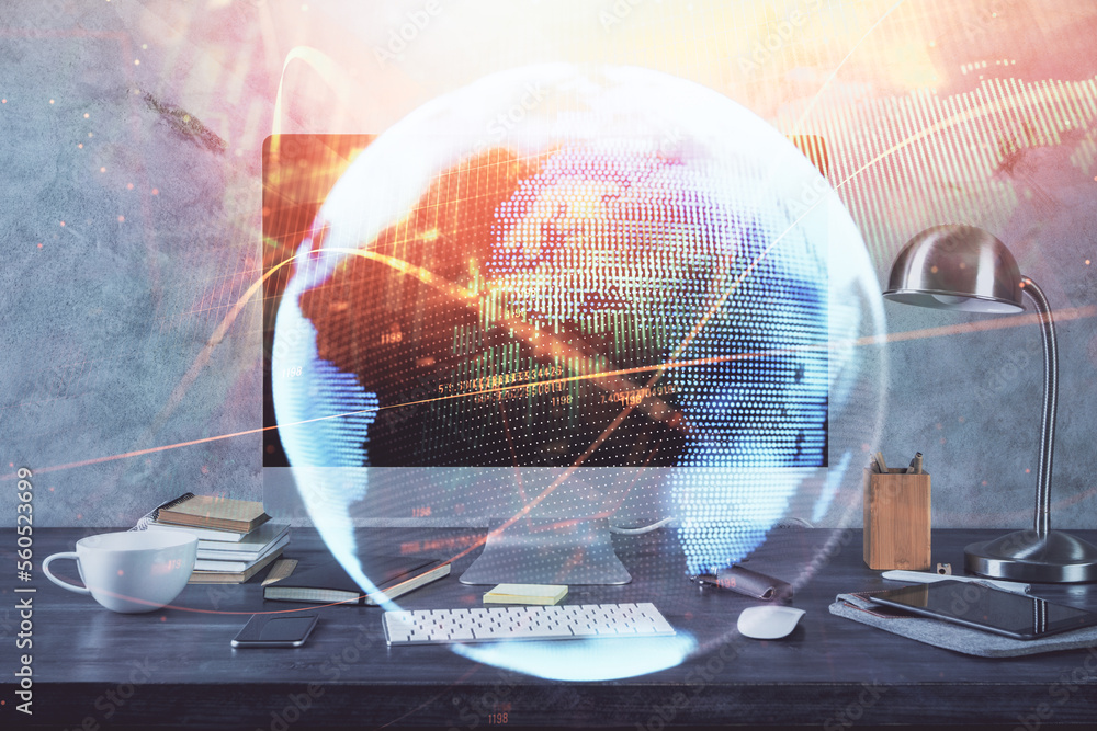 Multi exposure of business theme icons and table with computer background. Concept of success. Multi exposure of business theme icons and table with computer background. Concept of success.