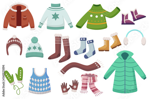 Winter clothes, shoes and accessories vector illustrations set. Cartoon drawings of jacket, coat, jumpers, socks, hats, boots isolated on white background. Winter, seasons, fashion concept