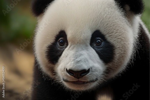  a panda bear with a black and white face and a black nose and head with a white and black stripe on it s chest and a black and white face and black and white panda.
