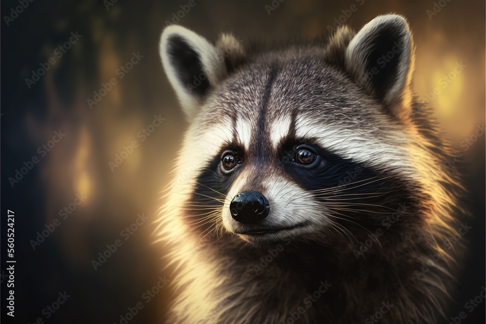  a raccoon is staring at the camera with a blurry background of trees and bushes in the background, with a blurry light coming from the top of the raccoon.