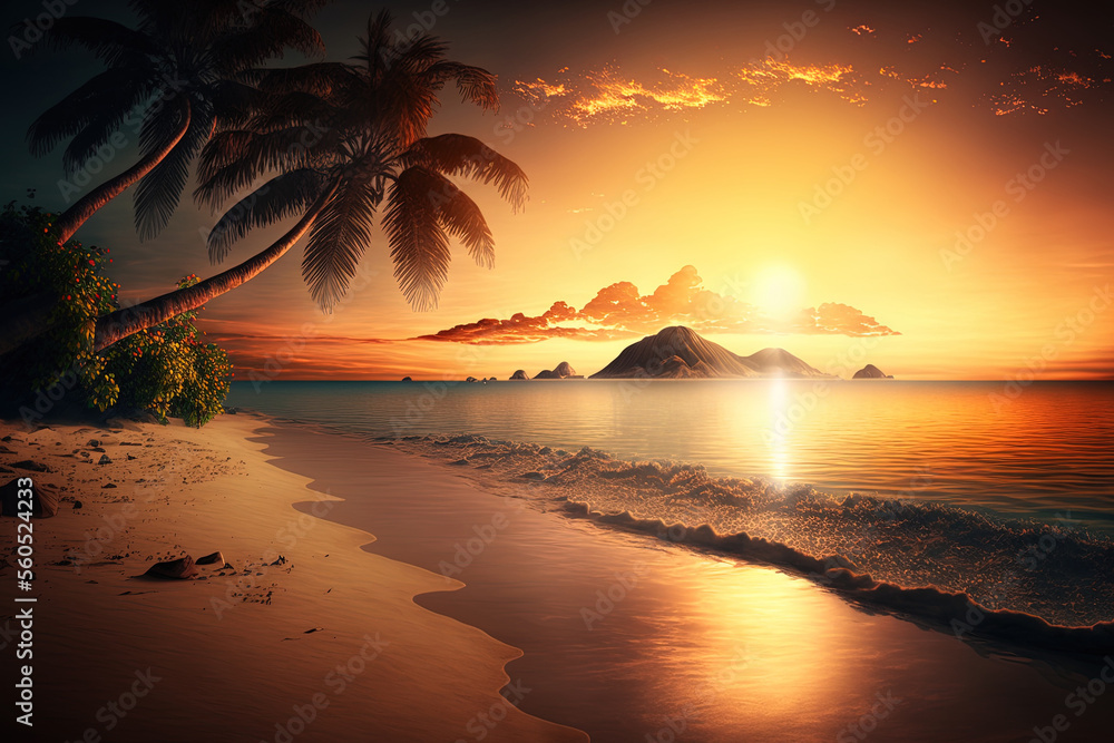 Scenery from paradise beach on a tropical island, sunrise image. Generative AI