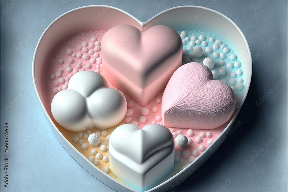 Obraz premium a heart shaped bowl filled with soaps and hearts on a blue surface with bubbles and bubbles around it, with a blue background and a light blue background with a white border, with.
