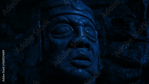 Lightning And Rain On Statue Head At Night