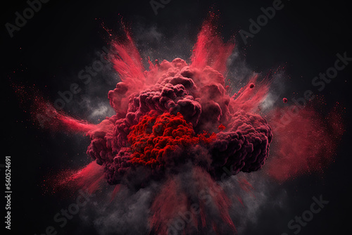 explosion of red powder against a dark background. Generative AI
