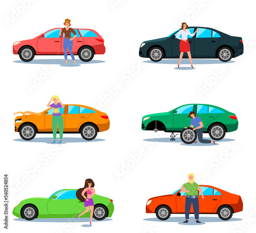 Male and female drivers next to cars vector illustrations set. Cartoon drawings of men and women standing with new or broken automobiles on white background. Transportation, car repair service concept