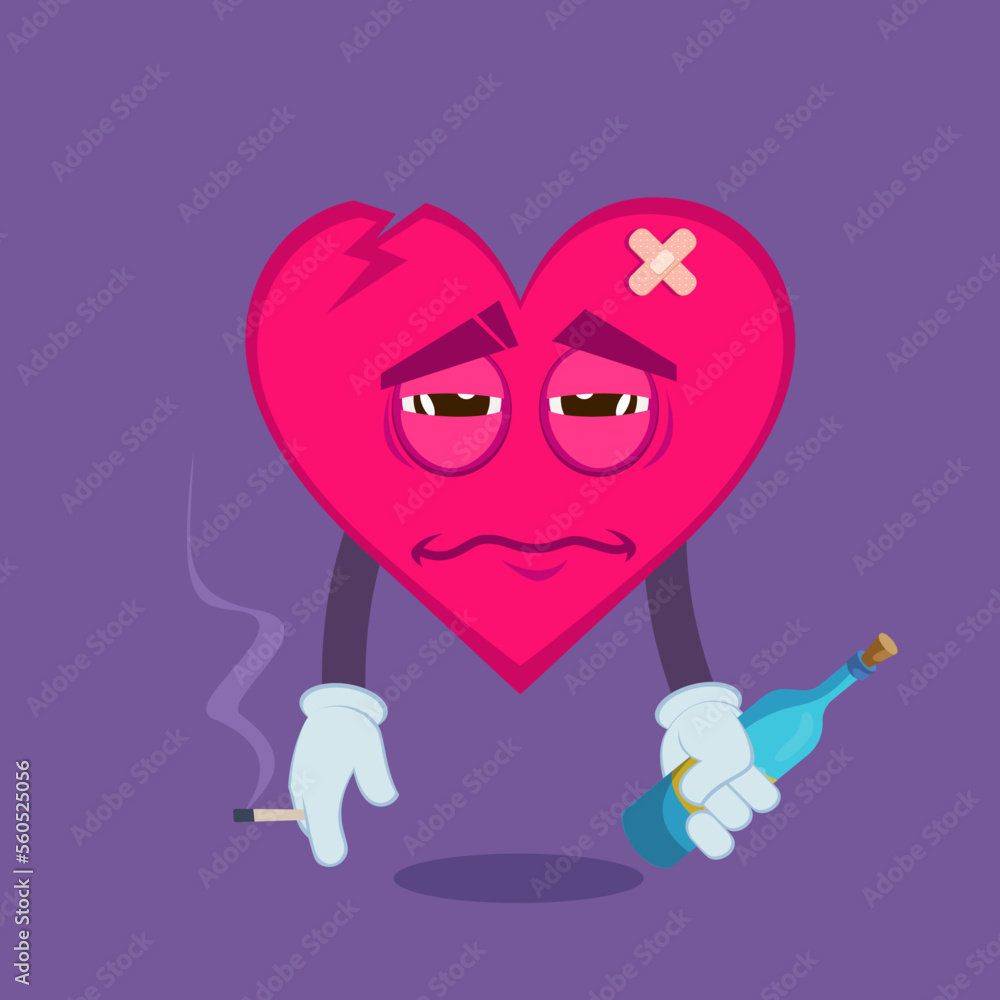 Sad comic heart with drink and cigarette vector illustration. Upset cartoon drawing of pink heart character holding bottle of alcoholic drink and cigarette. Bad habits, addiction, alcoholism concept