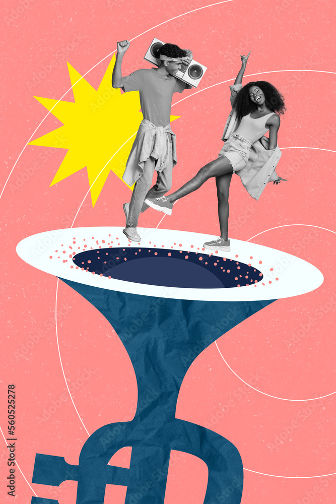 Φωτογραφία Vertical collage image of two excited black white gamma people dancing stand hug