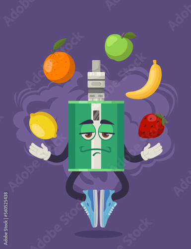 Comic vape juggling fruits in air vector illustration. Electronic cigarette character with lemon, orange, apple, banana and strawberry on purple background. Vaping, smoking, lifestyle concept