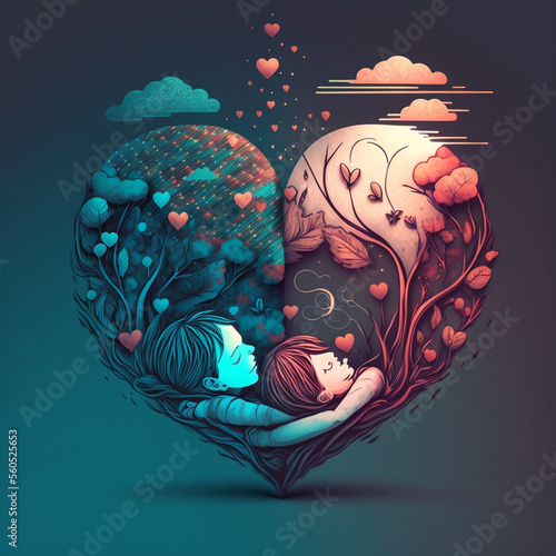 ilustração casal a sonhar com coração cheio de amor e flores, paixão e sonhos generative AI, são valentim,  photo