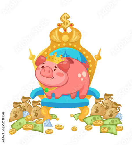 Comic piggybank on throne with bags of money vector illustration. Happy piggy bank character with crown, banknotes, gold coins and diamonds on white background. Finances, success, banking concept