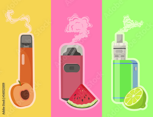 Flavors of electronic cigarettes vector illustrations set. Cartoon drawings of vapes with different aromatic liquids, apricot, watermelon, lime flavors. Smoking, vaping, lifestyle concept