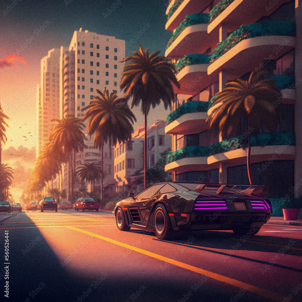 Car and Palm in 80s style, retro background, granular texture illustration Generative AI