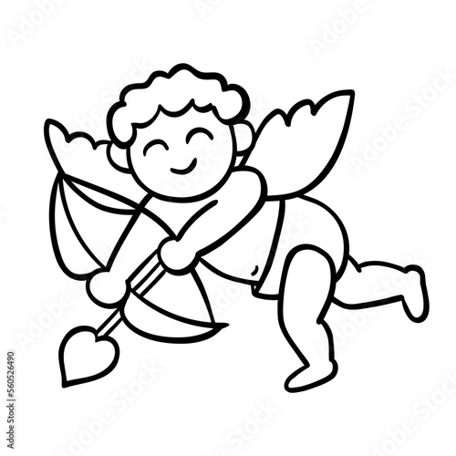 Funny Cupid with bow and heart arrow isolated on white. Hand drawn outline sketch  doodle style. Amur hunter or baby angel. Vector character for romantic and wedding design  Valentine s day symbol.