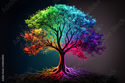 Rainbow tree isolated in front of black background. Generative AI. © eyetronic