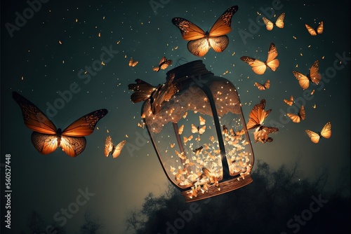  a lantern with butterflies flying around it in the night sky above a forest of trees and a cluster of butterflies flying around it in the night sky above a lantern, with a lantern,. Generative AI © Anna