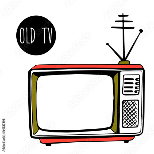 square old TV with an antenna. Antique TV in a classic wooden case, in sketch style. Leisure and entertainment. Appliances. style of the 80s. Old-style technology.